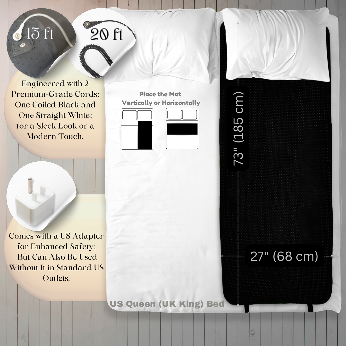 Grounding Mat for Bed, Dream Roam Grounding Sleep Solution, Stress Relief Conductive Mattress Cover, Safety Adapter, 2 Cords, Premium Packaging, 2-Year Warranty, Twin: 27"x73" Queen: 54"x73" Multipurpose: 35.5”x16”