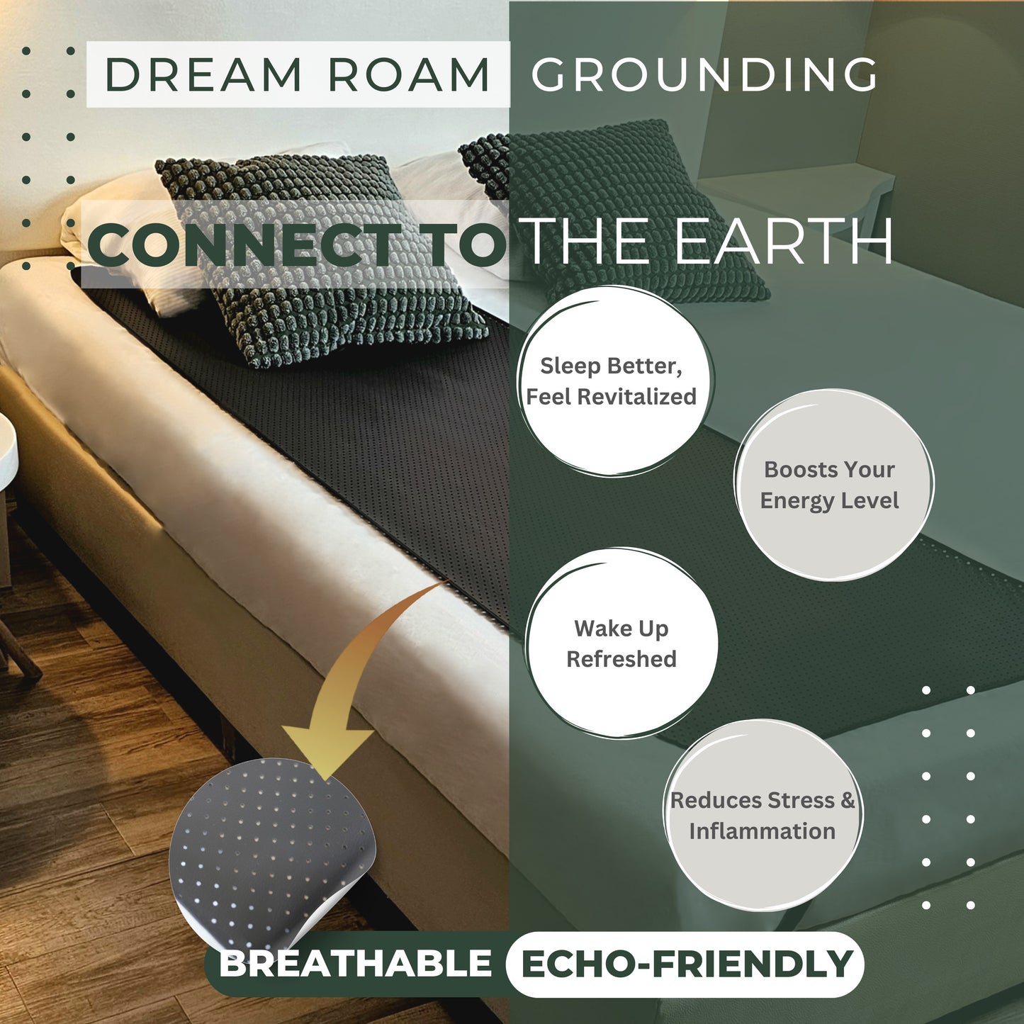 Grounding Mat for Bed, Dream Roam Grounding Sleep Solution, Stress Relief Conductive Mattress Cover, Safety Adapter, 2 Cords, Premium Packaging, 2-Year Warranty, Twin: 27"x73" Queen: 54"x73" Multipurpose: 35.5”x16”